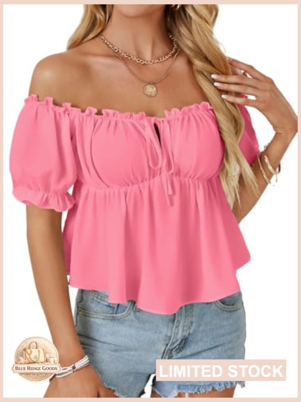 Off Shoulder Ruffle Trim Puff Sleeve Tie Front Peplum Blouse Babydoll Top - Picture 4 of 6